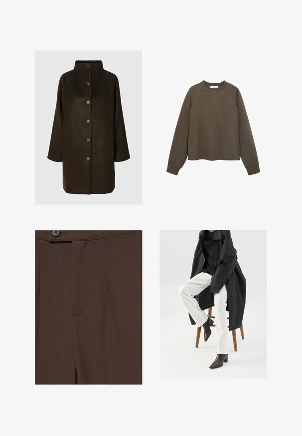 Brun uldblandingsfrakke med høj krave, seks sorte knapper og sidelommer. Designet har en afslappet silhuet med brede ærmer.; Oliven grøn sweatshirt med rund udskæring, raglanærmer og cropped kant. Fremstillet af blødt stof med en glat overflade.; Nærbillede af mørkebrune skræddersyede bukser med en knap og linning synlig øverst.; Sort, oversized trenchcoat over en sort top, parret med hvide bukser og brune, spidse ankelstøvler, siddende på en træstol.