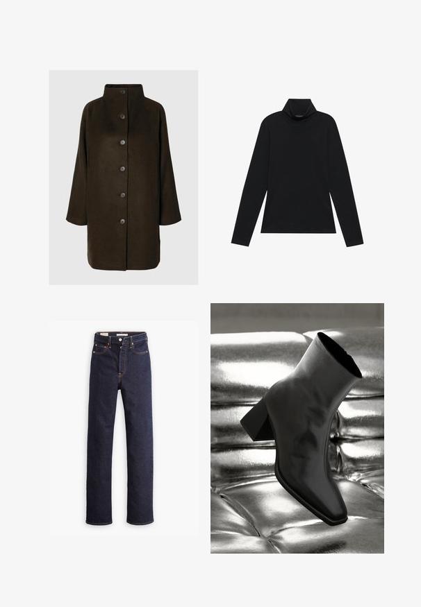 Brun uldblandingsfrakke med høj krave, seks sorte knapper og sidelommer. Designet har en afslappet silhuet med brede ærmer.; Sort turtleneck med lange ærmer. Blødt stof, tætsiddende design, høj krave og sidesøm. Simpel og alsidig stil, der er velegnet til lag-på-lag.; Mørkeblå straight-leg denim jeans med fem lommer og synlig orange syning på hvid baggrund.; Sorte ankelstøvler lavet af glossy materiale med firkantet tå og spidse hæle, sat mod en skinnende sølv tuftet baggrund.