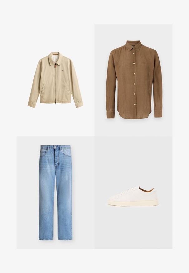 Veste casual beige pour homme avec fermeture éclair devant, col pointu, deux poches avant et petit logo brodé sur la poitrine.; Chemise marron à manches longues avec col, boutons blancs et logo subtil sur le côté gauche de la poitrine, présentée sur un fond blanc.; Jean droit en denim bleu clair avec fermeture par bouton et zip, poches avant et arrière, et passants de ceinture à la taille.; Baskets blanches basses avec un design à lacets, des détails de couture minimalistes, et une semelle couleur crème sur un fond gris clair.