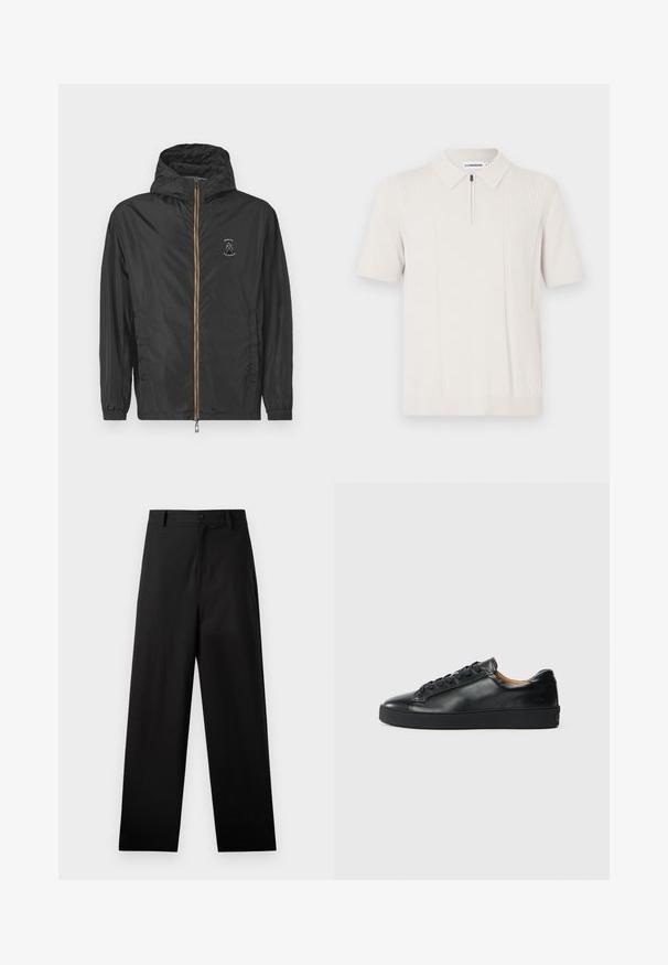 Veste à capuche légère noire avec fermeture éclair sur le devant et logo Armani Exchange sur le côté gauche de la poitrine, sur fond blanc uni.; Polo à manches courtes couleur crème avec col zippé, présentant un motif à rayures texturées verticalement de chaque côté et un ourlet côtelé.; Pantalons noirs en coton avec une coupe droite, dotés d'une fermeture à bouton à l'avant et de poches latérales. Texture lisse, sans motifs.; Baskets en cuir noir avec une texture lisse, bout rond et fermeture à lacets. Comprend une semelle en caoutchouc épaisse et un minimum de détails de marque.