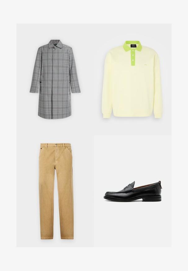Long manteau à carreaux gris et blanc avec col, fermeture par boutons sur le devant, poches latérales et petit logo crocodile sur la poitrine.; Polo-shirt à manches longues jaune clair avec un col vert et une patte de boutonnage. Présente un logo subtil "MN" sur la poitrine. Matériau en coton doux.; Chinos beiges avec une coupe droite, fabriqués dans un tissu doux. Présentent des poches avant, une fermeture à bouton et des détails de couture subtils.; Mocassin homme en cuir noir avec couture moc toe, bride penny, col texturé et petit talon empilé sur fond blanc.