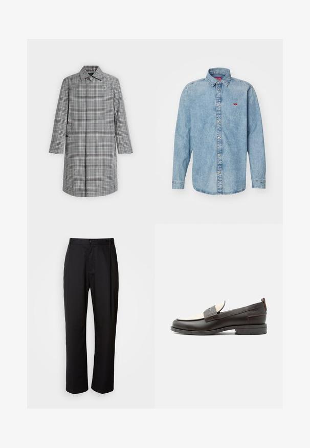 Long manteau à carreaux gris et blanc avec col, fermeture par boutons sur le devant, poches latérales et petit logo crocodile sur la poitrine.; Chemise en denim bleu clair avec des manches longues, un col pointu et une fermeture à boutons. Présente un petit logo rouge sur le côté gauche de la poitrine.; Pantalon noir à coupe droite, en tissu léger. Il dispose d'une fermeture à bouton sur le devant et de deux poches latérales ; texture lisse.; Mocassin homme en cuir marron foncé avec panneau en tissu écru et détail classique de bride cousue, semelle plate et languette au talon.