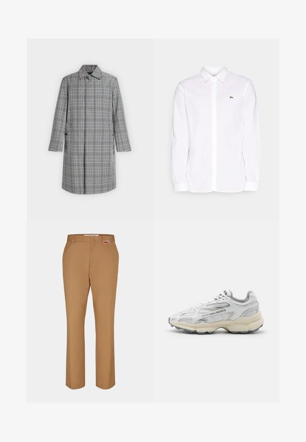 Long manteau à carreaux gris et blanc avec col, fermeture par boutons sur le devant, poches latérales et petit logo crocodile sur la poitrine.; Chemise blanche à manches longues en coton, avec un col à boutons, un logo brodé vert sur la poche gauche et des poignets droits.; Pantalons marron en tissu lisse. Design à jambe droite avec une poche avant et un petit patch logo Lacoste rouge près de la taille.; Baskets de sport blanches avec des accents gris, tige en maille et synthétique, design à lacets et semelle en caoutchouc texturée avec motifs de traction.