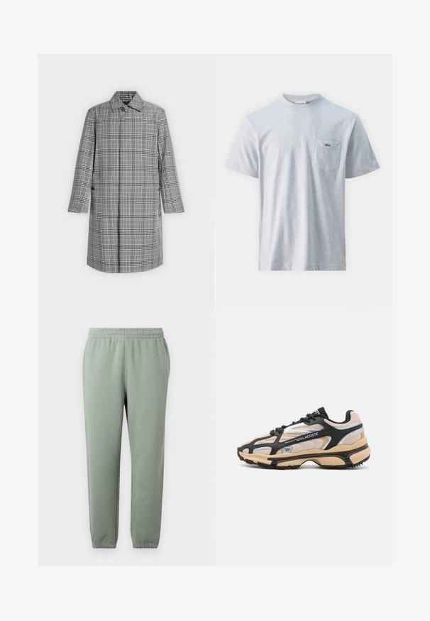 Long manteau à carreaux gris et blanc avec col, fermeture par boutons sur le devant, poches latérales et petit logo crocodile sur la poitrine.; T-shirt en coton gris à manches courtes, col rond et poche poitrine gauche avec un petit logo vert. Texture lisse, coupe décontractée.; Pantalons de survêtement vert clair avec une taille élastique, des jambes effilées et des ourlets de cheville côtelés. Fabriqués en tissu doux et léger.; Baskets Lacoste en noir, beige et argent. Comprend des matériaux en maille et synthétiques, un bout arrondi, des lacets et une semelle en caoutchouc texturée.