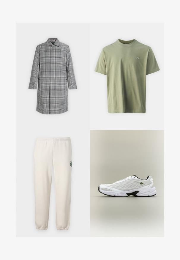 Long manteau à carreaux gris et blanc avec col, fermeture par boutons sur le devant, poches latérales et petit logo crocodile sur la poitrine.; T-shirt en coton vert olive avec encolure ronde et manches courtes. Présente un petit logo brodé sur la poitrine. Texture lisse.; Pantalon de jogging beige clair en coton, doté d'une taille élastique, de poignets en côtes et d'un logo vert avec un design de feuille sur la jambe gauche.; Baskets de sport blanches avec un dessus en mesh texturé, un design courbé et une semelle noire contrastante. Présente un logo brodé vert sur le côté.