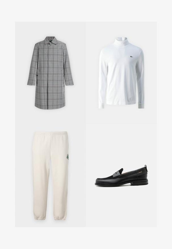 Long manteau à carreaux gris et blanc avec col, fermeture par boutons sur le devant, poches latérales et petit logo crocodile sur la poitrine.; Chemise à col roulé blanche à manches longues en tissu doux, ornée d'un petit logo brodé vert sur la poitrine et de poignets ajustés.; Pantalon de jogging beige clair en coton, doté d'une taille élastique, de poignets en côtes et d'un logo vert avec un design de feuille sur la jambe gauche.; Mocassin en cuir noir avec détail de bride grise, talon bas et semelle texturée, marqué "HUGO" en or sur le côté.