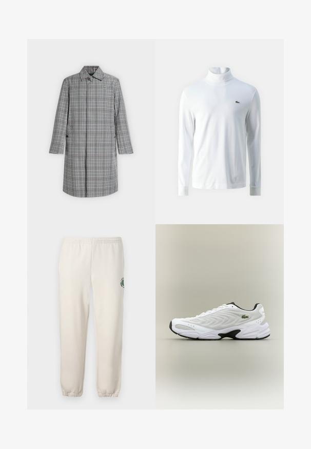 Long manteau à carreaux gris et blanc avec col, fermeture par boutons sur le devant, poches latérales et petit logo crocodile sur la poitrine.; Chemise à col roulé blanche à manches longues en tissu doux, ornée d'un petit logo brodé vert sur la poitrine et de poignets ajustés.; Pantalon de jogging beige clair en coton, doté d'une taille élastique, de poignets en côtes et d'un logo vert avec un design de feuille sur la jambe gauche.; Baskets de sport blanches avec un dessus en mesh texturé, un design courbé et une semelle noire contrastante. Présente un logo brodé vert sur le côté.
