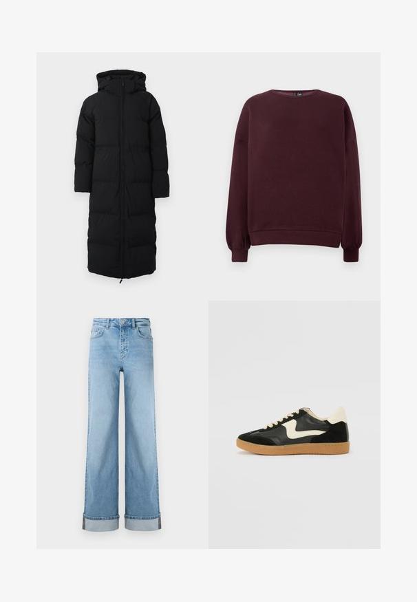 Manteau d'hiver noir long en duvet avec capuche, présentant une fermeture éclair, un design matelassé et des poches latérales. Fabriqué en matériau isolant et résistant à l'eau.; Sweatshirt bordeaux fabriqué en tissu doux, avec un col rond, des manches longues et des poignets côtelés. Design simple sans motifs ni accents.; Jean large bleu clair en denim classique avec une taille haute, présentant des ourlets retroussés et des coutures visibles.; Baskets en daim et cuir noir avec un swoosh latéral crème et un talon crème clair. Dotées de lacets beige et d'une semelle en caoutchouc gomme.