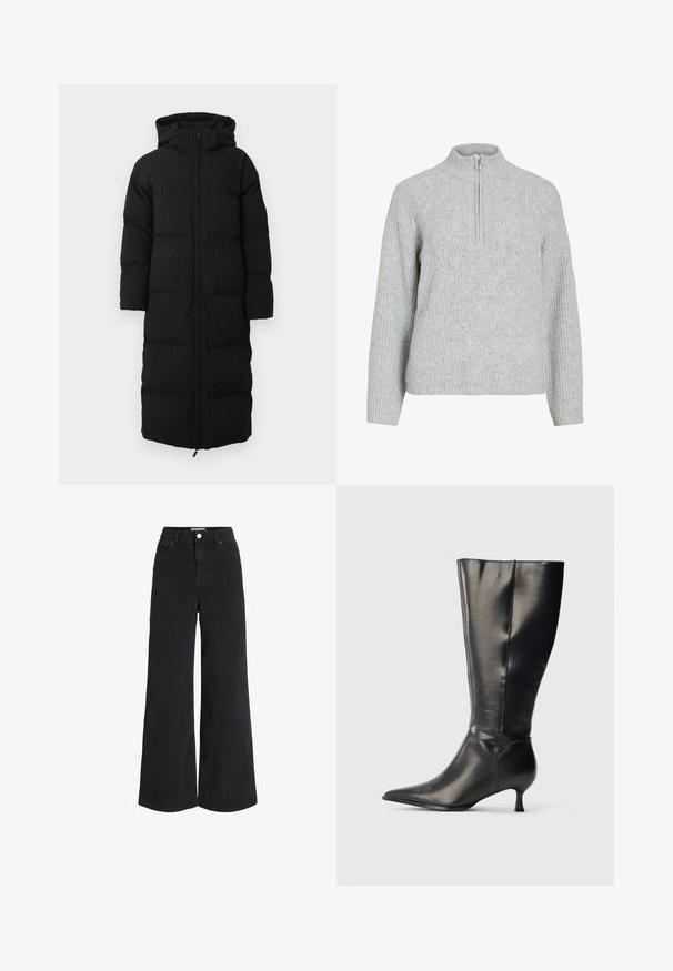 Manteau d'hiver noir long en duvet avec capuche, présentant une fermeture éclair, un design matelassé et des poches latérales. Fabriqué en matériau isolant et résistant à l'eau.; Pull gris à col zippé en tissu tricoté, présentant un motif de câble texturé, des manches côtelées et un col haut.; Jean en denim noir à jambes larges avec design à cinq poches, taille haute et fermeture à bouton. Présente des coutures discrètes et une finition soignée.; Botte en cuir noire montant jusqu'au genou, avec un bout pointu et un petit talon bas, présentée sur un fond clair uni.