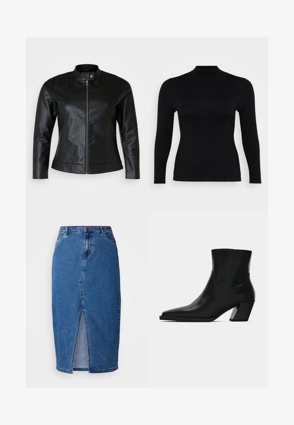 Schwarze Lederjacke mit rundem Kragen, Frontreißverschluss und zwei Seitentaschen. Glatte Textur mit leichtem Glanz und taillierter Passform.; Schwarzes Langarm-Turtleneck-Oberteil aus weichem, glattem Stoff. Schmaler Schnitt mit hohem Kragen und geradem Saum, verfügt über minimale Nähte und keine Muster.; Jeansrock in Mittelblau mit einem Schlitz vorne, hoher Taille, fünf Taschen und Gürtelschlaufen. Der Stoff hat eine strukturierte Oberfläche.; Schwarze Leder-Stiefelette mit spitzem Zeh, schlanker Silhouette und klobigem quadratischem Absatz. Glatte Textur mit minimalen Nähdetails.