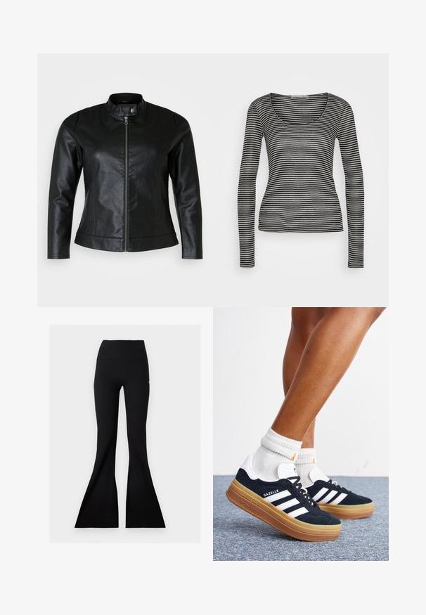 Zwarte leren jas met een ronde kraag, voorritssluiting en twee zijzakken. Gladde textuur met een lichte glans en een slank ontwerp.; Anna Field Longsleeve - black/beige; Zwarte, hoog getailleerde, nauwsluitende broek met brede, uitlopende pijpen plat neergelegd op een lichte achtergrond.; Ben met witte sokken en zwarte Adidas Gazelle sneakers met witte strepen en dikke bruine zolen op een grijs tapijt.