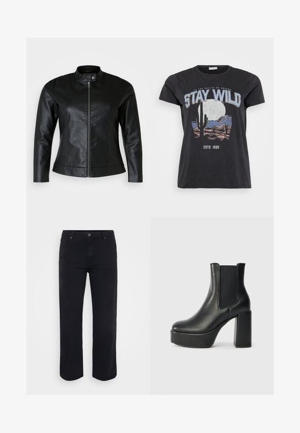 Schwarze Lederjacke mit rundem Kragen, Frontreißverschluss und zwei Seitentaschen. Glatte Textur mit leichtem Glanz und taillierter Passform.; Schwarzes Baumwoll-T-Shirt mit einem grafischen Druck einer Wüstenlandschaft mit Kakteen, einem Mond und dem Schriftzug "STAY WILD" in blauer Schrift.; Schwarze Denim-Jeans mit einem geraden Bein-Design. Merkmale sind ein Knopfverschluss an der Taille, Gürtelschlaufen und Vorder-/Gesäßtaschen. Glatte Textur.; Schwarze Leder-Stiefelette mit klobigem Blockabsatz, elastischen Seitenpaneelen und glatter Oberfläche. Verfügt über eine Plateausohle für zusätzlichen Schwung.