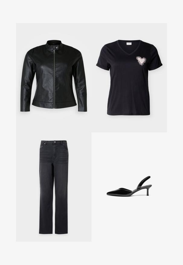 Sort læderjakke med rund krave, frontlynlås og to sidelommer. Glat tekstur med let glans og tætsiddende design.; Sort V-hals T-shirt med korte ærmer og opbrettede kanter, med en lyserød hjerte-patch med små nitter og omgivende motiverende tekst på brystet.; Sorte jeans med lige ben, frontlommer og bæltestropper, vist mod en hvid baggrund.; Sorte patentlæder slingback hæle med spids tå, lav stiletto hæl og et elegant, enkelt design uden pynt.