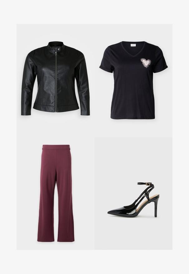 Schwarze Lederjacke mit rundem Kragen, Frontreißverschluss und zwei Seitentaschen. Glatte Textur mit leichtem Glanz und taillierter Passform.; Schwarzes T-Shirt mit V-Ausschnitt und kurzen Ärmeln, mit aufgerollten Ärmelbündchen, versehen mit einem pinkfarbenen Herzaufnäher mit kleinen Nieten und motivierendem Text um die Brust.; Hoch taillierte Hose mit weitem Bein in einfarbigem Dunkellila mit einem glatten Bund und ohne sichtbare Taschen oder Muster.; Schwarze Patentleder-High-Heel-Slingback-Pumps mit spitzem Zeh, verstellbarem Knöchelriemen und offenen Seiten. Glatte Textur.