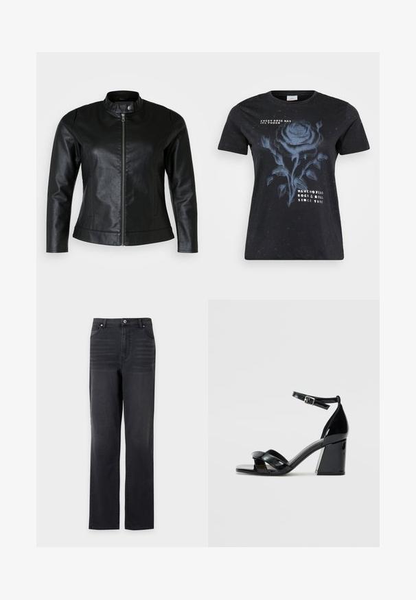 Schwarze Lederjacke mit rundem Kragen, Frontreißverschluss und zwei Seitentaschen. Glatte Textur mit leichtem Glanz und taillierter Passform.; ONLY Carmakoma CARMIKO WASHED SS REG TEE JRS - T-Shirt print - black; Schwarze Jeans mit geradem Bein, Vordertaschen und Gürtelschlaufen, vor weißem Hintergrund dargestellt.; Schwarze Lackleder-High-Heelsandalen mit quadratischer Spitze, gekreuzten Riemen und einem verstellbaren Knöchelriemen. Design mit klobigem Blockabsatz.