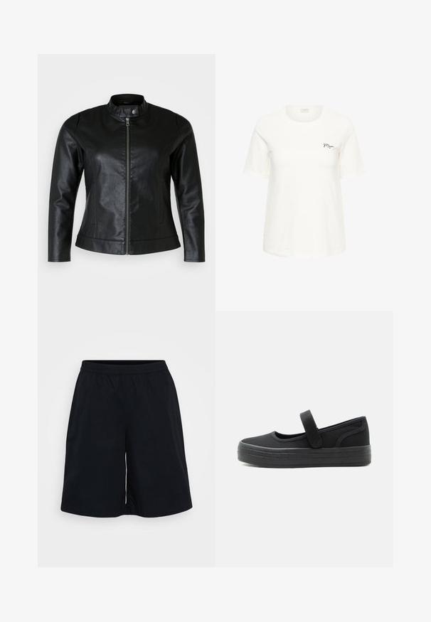 Sort læderjakke med rund krave, frontlynlås og to sidelommer. Glat tekstur med let glans og tætsiddende design.; Hvid kortærmet bomulds-T-shirt med rund hals og lille sort "Mom" tekst på venstre brystområde.; Sort atletisk shorts med elastisk talje, en løs pasform og en glat tekstur. Designet er enkelt uden mønstre eller accenter.; Sort Mary Jane-sko med tyk gummisål og justerbar velcrolukning, designet til afslappet brug med en rund tå.
