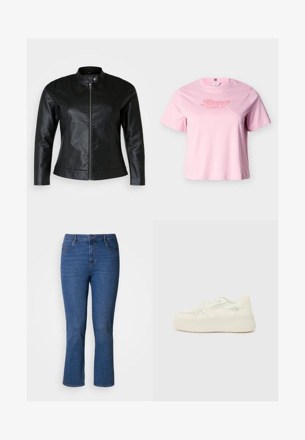 Sort læderjakke med rund krave, frontlynlås og to sidelommer. Glat tekstur med let glans og tætsiddende design.; Lyserød T-shirt med korte ærmer og "Tommy Hilfiger, Co. Los Angeles, CA, USA" tekst i rødt på brystet.; Blå denimjeans med lige snit, fem-lomme-design, messingbeslag og orange syningsdetalje. Glat tekstur.; Hvide platform sneakers med en glat læderoverdel, syede detaljer og metalliske sidestænger. Rund tå og flad gummisål.