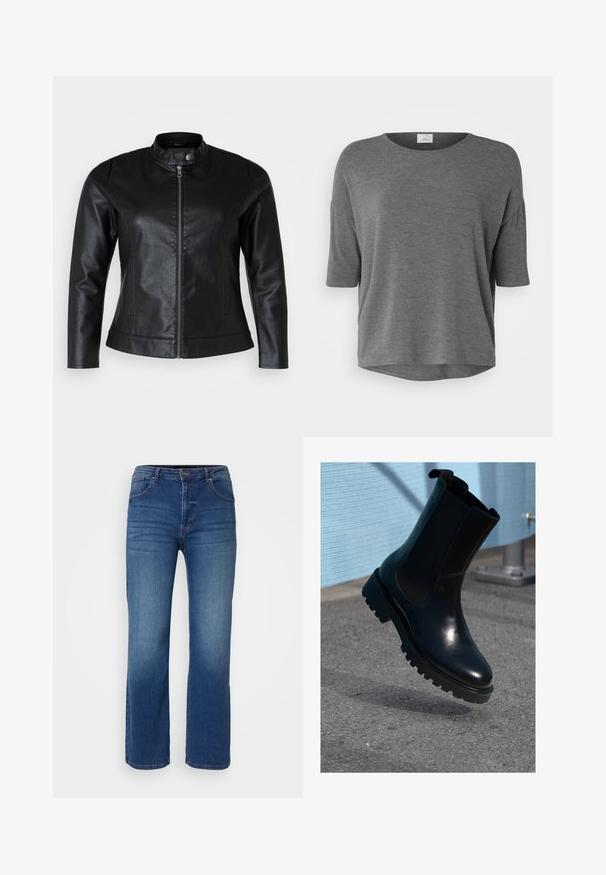 Zwarte leren jas met een ronde kraag, voorritssluiting en twee zijzakken. Gladde textuur met een lichte glans en een slank ontwerp.; Grijs T-shirt met korte mouwen van zachte stof, met een relaxte pasvorm, ronde halslijn en gebogen zoom. Geen duidelijke patronen of accenten.; Donkerblauwe denim jeans met een recht model, vijf zakken en een knoop- en ritssluiting. Gladde textuur met minimale vervaging.; Zwarte leren enkellaars met elastische zijpanelen, een afgeronde neus en een dikke, gestructureerde zool. Gladde afwerking met een minimalistisch design.
