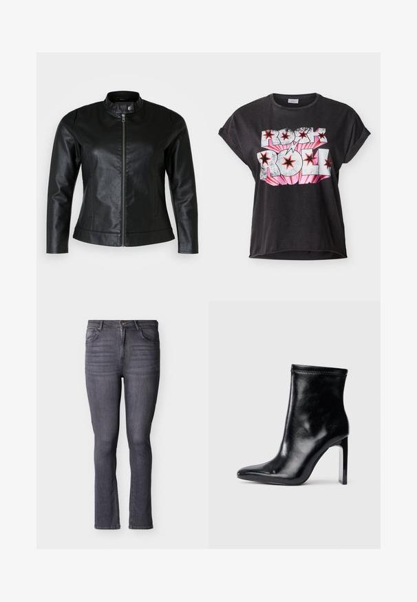 Zwarte leren jas met een ronde kraag, voorritssluiting en twee zijzakken. Gladde textuur met een lichte glans en een slank ontwerp.; Zwart T-shirt met korte mouwen en opgerolde zomen, met de tekst "Rock Roll" in wit en roze, afgebeeld met rode sterren en een bliksemflitsontwerp.; Slim-fit grijze spijkerbroek met vijf zakken, een knoop- en ritssluiting aan de voorkant, met subtiele vervaging en stikseldetails.; Zwarte leren enkellaars met een spitse neus en hoge doorzichtige hak. Gleed tekstuur en minimale stikseldetails op het bovenmateriaal.