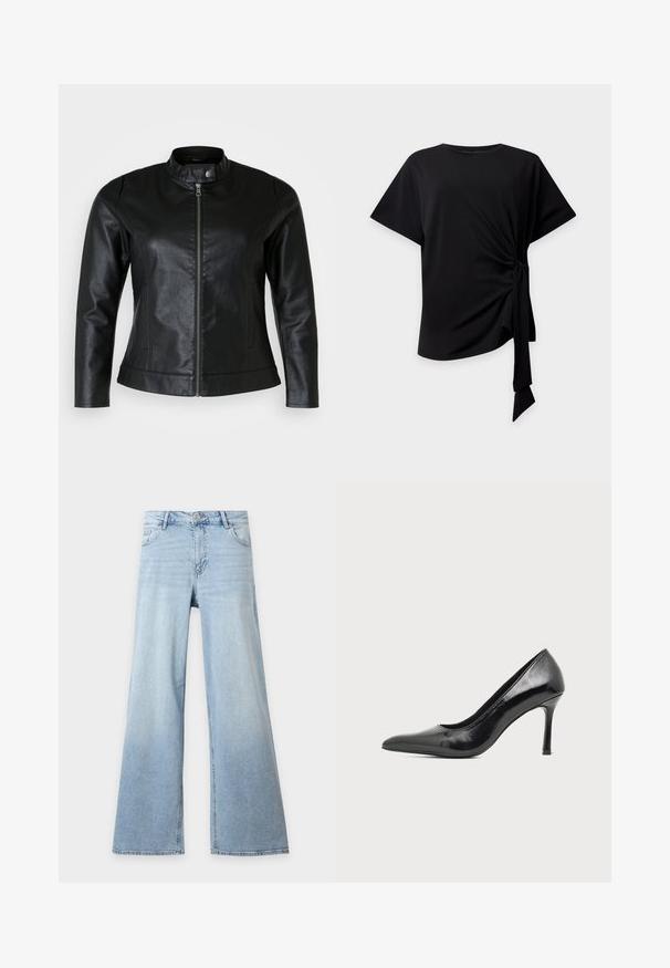 Schwarze Lederjacke mit rundem Kragen, Frontreißverschluss und zwei Seitentaschen. Glatte Textur mit leichtem Glanz und taillierter Passform.; Schwarzes kurzärmliges Oberteil mit rundem Ausschnitt und seitlichem Knoten, der einen gerafften Stoff und eine hängende Schleife auf hellem Hintergrund erzeugt.; Hellblaue, hoch taillierte Jeans mit weitem Bein, mit vorderen Knöpfen, Reißverschluss und zwei Fronttaschen auf einfarbigem Hintergrund.; Schwarzer Damenspitzschuh aus Lackleder mit spitzer Zehenpartie und schlankem Absatz auf hellem, schlichter Hintergrund.