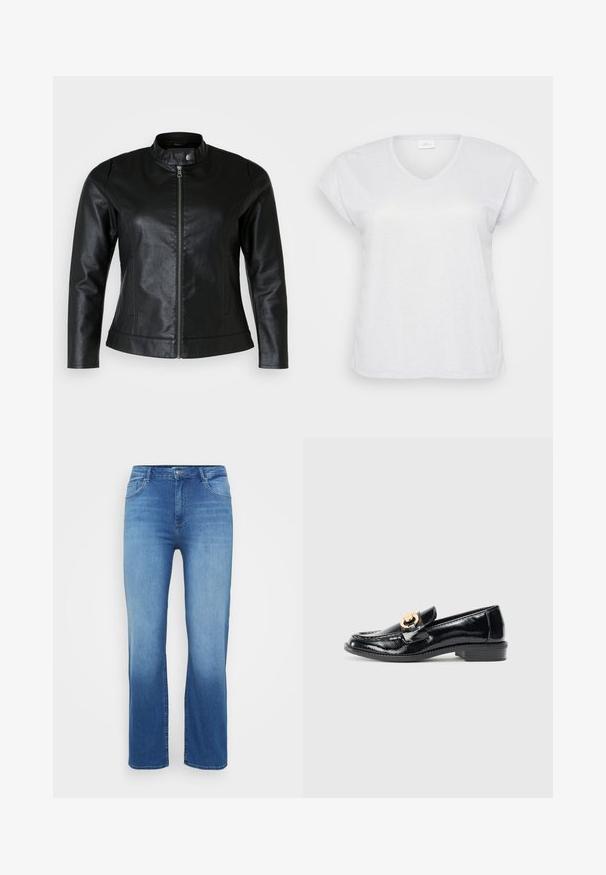 Schwarze Lederjacke mit rundem Kragen, Frontreißverschluss und zwei Seitentaschen. Glatte Textur mit leichtem Glanz und taillierter Passform.; Weißes, kurzärmliges V-Ausschnitt-T-Shirt mit einem subtilen Schimmer-Effekt, das einen lässigen Schnitt aufweist und keine sichtbaren Muster oder Akzente hat.; Hellblaue Jeans aus Denim mit geradem Schnitt, Fünf-Taschen-Design und einem ausgeblichenen Effekt am Saum. Knopfverschluss an der Taille.; Schwarze Lackleder-Loafer mit runder Zehenform, goldenen Hardware-Details, niedrigem Absatz und glatter Textur. Schlankes und minimalistisches Design.