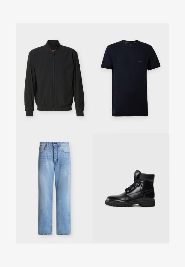 Veste bomber légère noire avec fermeture éclair, col, poignets et ourlet côtelés, et logo discret sur le col et la manche.; T-shirt noir à manches courtes et col rond avec une texture subtile et un petit logo "BOSS" sur le côté gauche de la poitrine.; Jean droit en denim bleu clair avec fermeture par bouton et zip, poches avant et arrière, et passants de ceinture à la taille.; Bottine en cuir noir avec une finition brillante, design à lacets, col rembourré et semelle en caoutchouc robuste avec des grips de traction.