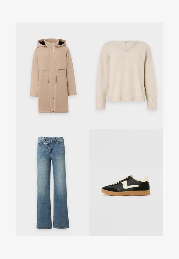 Beige vandtæt jakke med hætte, to frontlommer, justerbar talje og sølvfarvede trykknapper foran og ved manchetterne.; Beige striktrøje med V-hals, ribstrikkede manchetter og kant. Har et centralt sømdesign og en løs pasform. Blødt, tekstureret materiale.; Lyseblå denim jeans med vide ben og høj talje, let falmet effekt og knaplukning foran. Har fem lommer og minimal syning.; Sorte ruskinds- og lædersneakers med en cremefarvet side-swoosh og lys cremefarvet hæl. Har beige snørebånd og en gummirubber-sål.