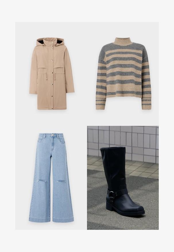 Beige vandtæt jakke med hætte, to frontlommer, justerbar talje og sølvfarvede trykknapper foran og ved manchetterne.; Striktrøje med striber i grå og beige farver, høj hals, brede manchetærmer og en afslappet pasform med et cropped design.; Lyseblå bredbenede jeans med høj talje, der har to forlommer og to slidte knædetaljer, fremstillet af denimmateriale.; Sort læderstøvle midt på læggen med lav blokhæle og en dekorativ rem med metal spænde rundt om anklen, på en flisebelagt fortov.
