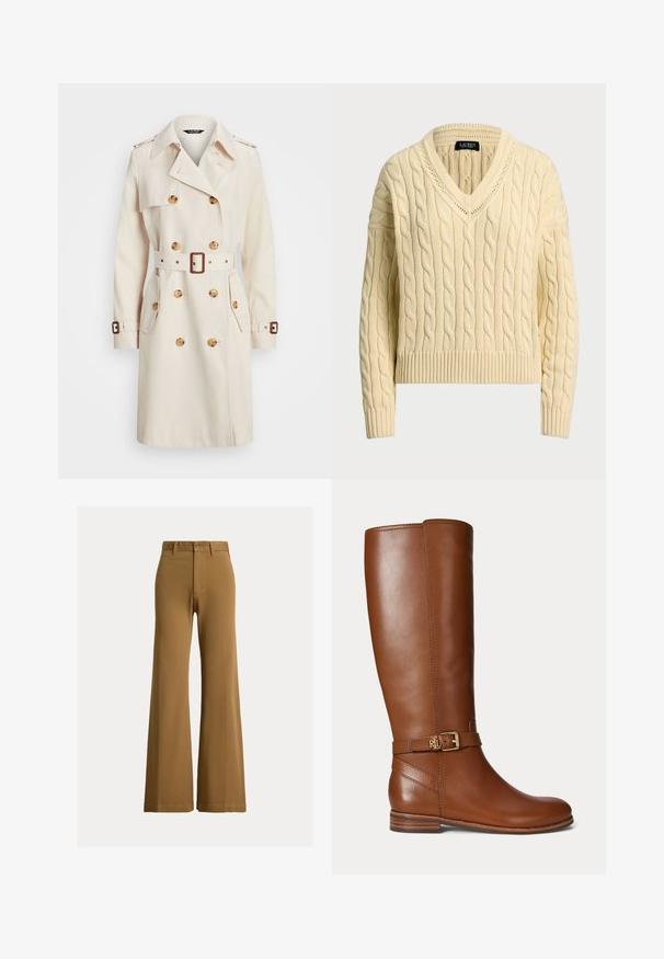 Beige trenchcoat lavet af letvægtsstof, med dobbeltradet design, bælte i taljen, store knapper og sidelommer.; Cremefarvet kabelstrikket trøje med V-udskæring og ribbede manchetter. Kort design med strukturerede mønstre over hele trøjen og en tætsiddende pasform.; Brune højtaljede viddebukser med bæltestropper, forreste knap og lynlås lukning mod en lys baggrund.; Brun læder knæhøj støvle med en lille guldbøjle og "RL" logo på remmen nær anklen, flad hæl og glat finish.