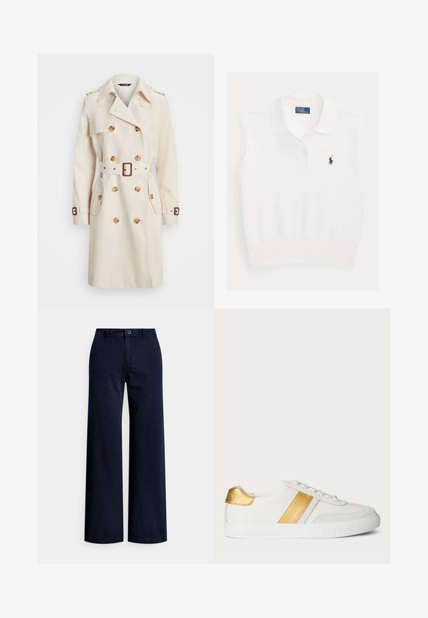 Beige trenchcoat lavet af letvægtsstof, med dobbeltradet design, bælte i taljen, store knapper og sidelommer.; Hvid ærmeløs polo med krave, to knapper og navyblåt Ralph Lauren polo-spillerlogo på venstre bryst.; Navyblå bukser med vide ben lavet af bomuld, med knaplukning foran, bæltestropper og en glat, tekstureret overflade.; Hvide sneakers lavet af syntetisk materiale, med et metallisk guldbånd og hælaccent, samt en tekstureret gummisål.