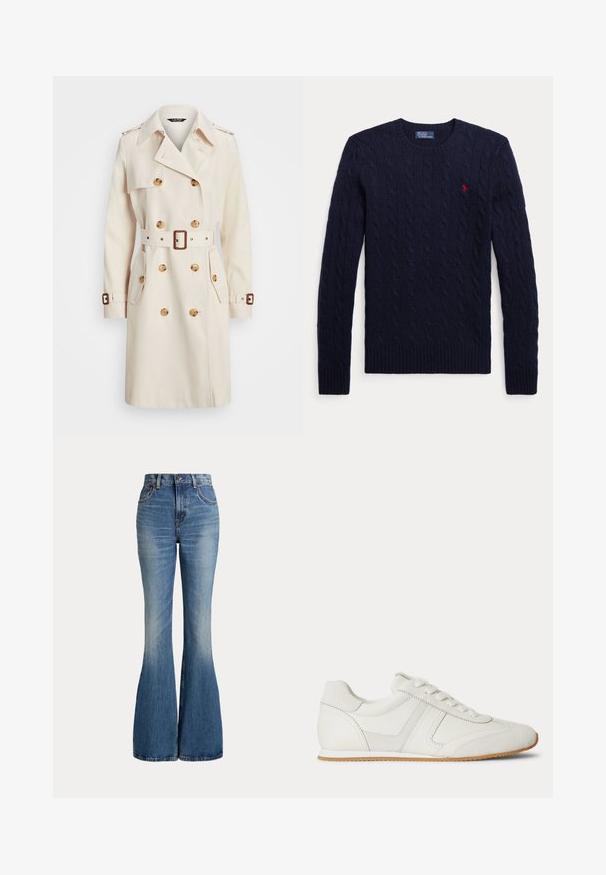 Beige trenchcoat lavet af letvægtsstof, med dobbeltradet design, bælte i taljen, store knapper og sidelommer.; Marineblå kabelstrikket sweater med lange ærmer, rund hals, ribstrikkede manchetter, kant og et lille rødt broderet logo på brystet.; Højtaljede blå jeans i denim med klokkeformede ben og let falmet område foran på låret, vist mod hvid baggrund.; Hvid lavtop sneaker med snørelukning foran, ruskind- og læderpaneler og en lysebrun gummisål på en hvid baggrund.