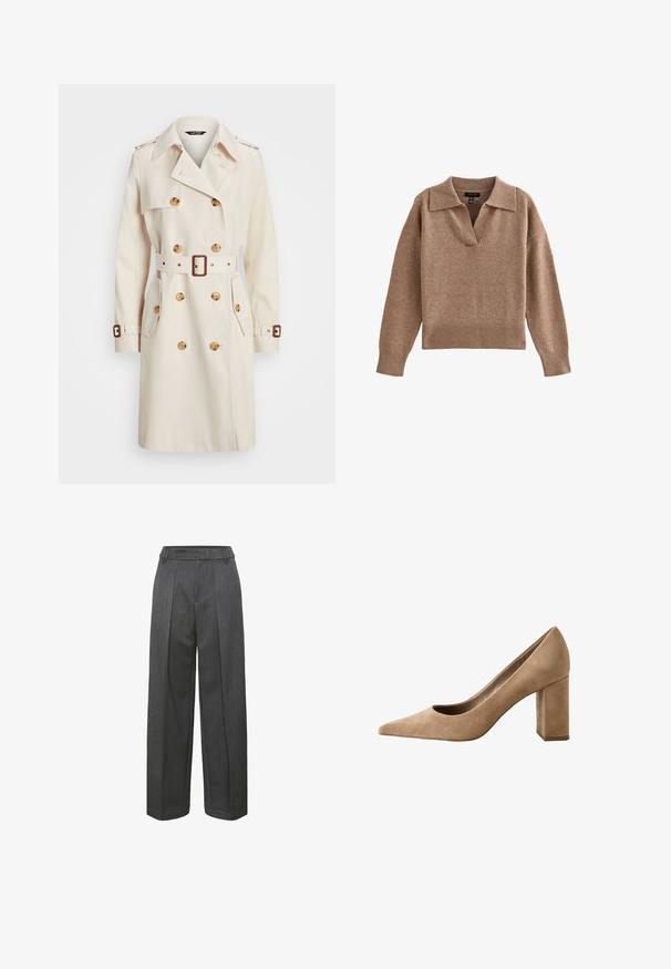 Vaaleanbeige trench-coat, joka on valmistettu kevyestä kankaasta. Takissa on kaksirivinen nappilukko, vyökohtaan kirjailtua kangasta, suuret napit ja sivutaskut.; Ruskea, mukava poolopaita, jossa on kaulus, lyhyt nappilista ja neulottu helma. Pehmeä pinta, rento istuvuus ja pitkä hihat.; Harmaat leveät housut, joissa on muotoiltu vyötärö, kaksi etupleittiä ja teksturoitu kangas, joka luo rakenteellista ilmettä.; Beigen värinen mokkanahkainen naisten avokenkä, jossa on terävä kärki ja leveä korko, esitetty sivuprofiilissa valkoisella taustalla.