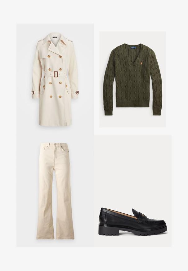 Beiger Trenchcoat aus leichtem Stoff, mit doppelter Knopfleiste, tailliertem Gürtel, großen Knöpfen und seitlichen Taschen.; Olivgrüner kabelgestrickter Pullover mit V-Ausschnitt und gerippten Bündchen an Ärmeln und Saum. Mit kleinem, auf der Brust gesticktem Logo.; Beige, hoch taillierte Hose mit geradem Bein, vorne mit Knopf und Reißverschluss sowie vorne und hinten Taschen, auf schlichtem Hintergrund dargestellt.; Schwarzer Lederloafer mit grober profillierter Sohle, niedrigem Absatz und dekorativem Riemen über dem Vorderfuß.