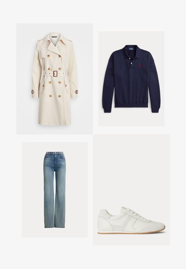 Beiger Trenchcoat aus leichtem Stoff, mit doppelter Knopfleiste, tailliertem Gürtel, großen Knöpfen und seitlichen Taschen.; Marineblaues Langarm-Poloshirt mit zwei weißen Knöpfen und rotem, gesticktem Logo auf der linken Brust auf weißem Hintergrund.; Hochgeschnittene, gerade geschnittene blaue Jeans mit Fronttaschen, Gürtelschlaufen und Knopfverschluss, die dezente Verwaschungen aufweisen.; Weißer Sneaker mit niedrigem Schaft, Schnürung vorne, Velours- und Lederpaneelen sowie einer hellbraunen Gummisohle auf weißem Hintergrund.