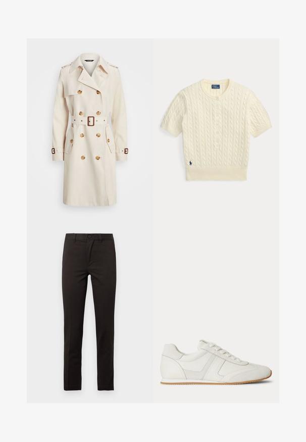 Beige trenchcoat lavet af letvægtsstof, med dobbeltradet design, bælte i taljen, store knapper og sidelommer.; Flødefarvet, kortærmet kabelstrikket sweater med knapstolpe og lille blå broderet logo nær kanten.; Sorte, lige bukser lavet af en glat bomuldsblanding; har en forreste knap, lynlås og to sidelommer. Ren, minimalistisk design.; Hvid lavtop sneaker med snørelukning foran, ruskind- og læderpaneler og en lysebrun gummisål på en hvid baggrund.
