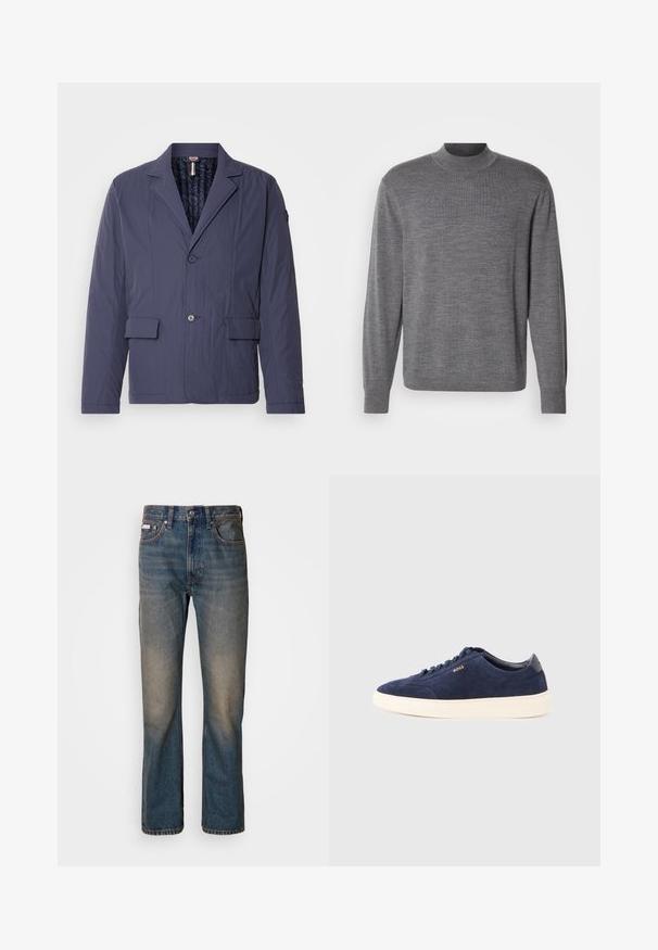 Marineblauwe, lichtgewicht jas met een gestructureerde afwerking, enkelvoudige knoopsluiting, twee voorzakken en een gewatteerde binnenvoering.; Grijze lange mouw sweater gemaakt van gebreid materiaal, met een opstaande kraag en een subtiele logo op de borst. Gladde textuur en aansluitend ontwerp.; Hoge taille blauwe spijkerbroek van denim, met een rechte pijpontwerp, vervaagde versleten plekken en traditionele vijf-pocket styling.; Marineblauwe suède sneaker met witte rubberen zool, afgeronde neus, tonale veters en een reliëflogo aan de zijkant. Laag profiel ontwerp met een zachte textuur.