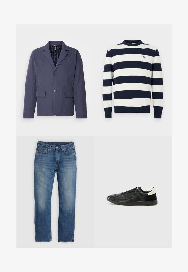 Marineblaue, leichte Jacke mit strukturiertem Finish, einreihigem Design, zwei aufgesetzten Fronttaschen und gestepptem Innenfutter.; Navy-weißer gestreifter Pullover mit Rundhalsausschnitt, aus Strickstoff gefertigt. Verfügt über gerippte Bündchen und Saum sowie ein kleines gesticktes Logo auf der Brust.; Blaue Denim-Jeans mit geradem Beinverlauf, ausgewaschenen Bereichen, Fünf-Taschen-Design und Metallbeschlägen. Klassischer, vielseitiger Look.; ALDO THEPITCH - Sneaker low - black
