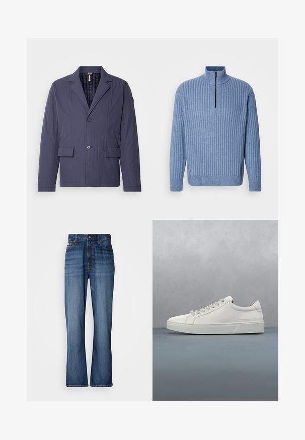 Chaqueta ligera de color azul marino con un acabado texturizado, diseño de un solo botón, dos bolsillos frontales con parche y un forro interior acolchado.; Suéter de punto acanalado en azul claro, con cuello alto y una cremallera parcial en el cuello; cuenta con mangas largas y un dobladillo recto.; Jeans de mezclilla azul con cintura alta, piernas acampanadas, diseño de cinco bolsillos y costuras tonales. Cuenta con cierre de botón y bolsillos remachados.; Zapatilla blanca de cuero con punta redondeada, diseño minimalista, cordones grises y suela de goma texturizada gris. Detalles de costura sutiles visibles.