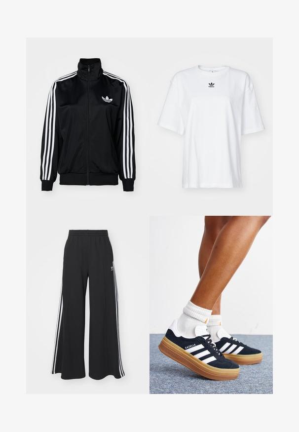 Chaqueta negra con cierre zip y cuello alto, con acentos en blanco con tres rayas en las mangas y logo bordado en el pecho. Tejido suave y deportivo.; Camiseta blanca de manga corta hecha de algodón. Cuenta con un cuello redondo y un pequeño logo negro de Adidas en el pecho. Dobladillo recto.; Pantalones negros de pierna ancha con cintura elástica, con tres rayas blancas a lo largo de los lados exteriores y un pequeño logotipo en la parte delantera.; Piernas con calcetines blancos y zapatillas Adidas Gazelle negras con rayas blancas y suelas marrones gruesas sobre un suelo alfombrado gris.