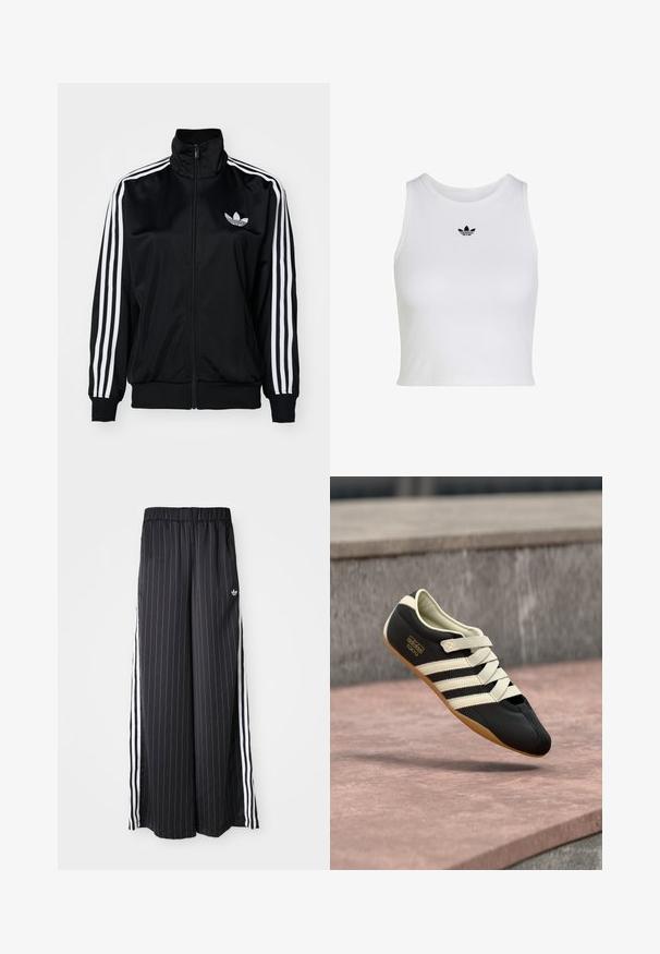 Veste zippée noire à col haut, avec des accents de trois bandes blanches sur les manches et un logo brodé sur la poitrine. Tissu lisse et sportif.; Crop top blanc sans manches avec col rond et petit logo noir Adidas trefoil centré sous le col.; Pantalon large noir avec des rayures blanches verticales, taille élastique et trois rayures blanches sur le côté. Logo Adidas à l'avant.; Chaussure de sport noire avec des rayures et des lacets crème, présentant un profil bas, une texture lisse et une semelle en caoutchouc pour une bonne adhérence. Étiquette de la marque visible.