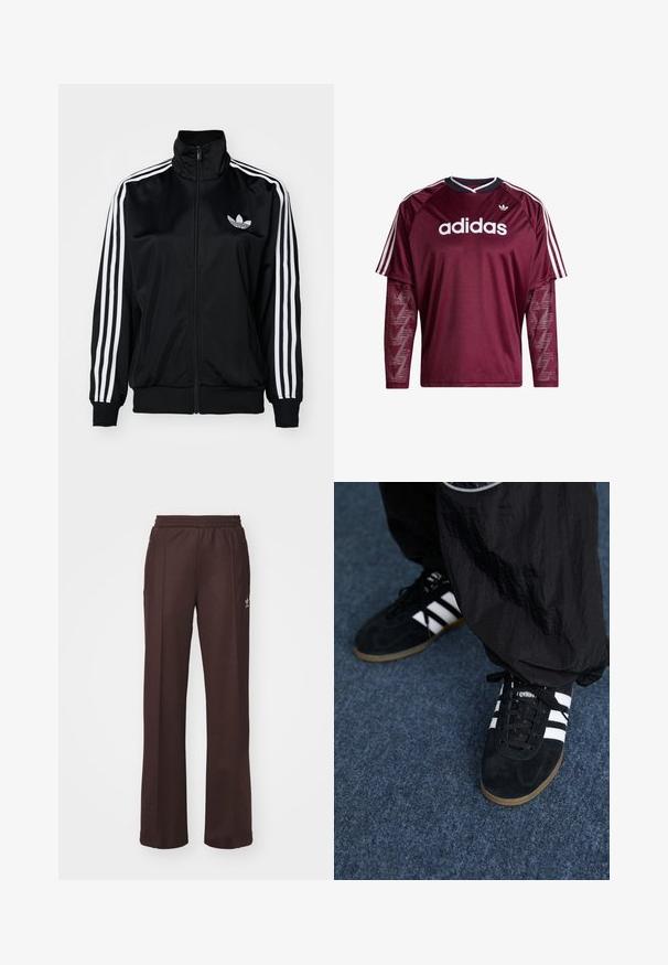Veste zippée noire à col haut, avec des accents de trois bandes blanches sur les manches et un logo brodé sur la poitrine. Tissu lisse et sportif.; Chemise à manches longues Adidas couleur marron avec manches en mesh, logo blanc et rayures sur les épaules, col noir et blanc, vue de face.; Pantalons de sport marron avec une taille élastique, deux poches latérales et un petit logo sur le côté gauche, fabriqués à partir d'un tissu doux.; Des chaussures de sport en suède noir avec trois rayures blanches et des lacets noirs. Un pantalon noir texturé est partiellement visible à côté des chaussures.
