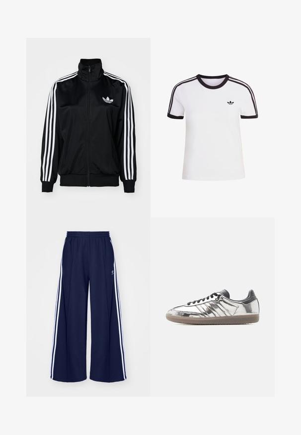 Veste zippée noire à col haut, avec des accents de trois bandes blanches sur les manches et un logo brodé sur la poitrine. Tissu lisse et sportif.; T-shirt blanc à manches courtes avec des accents noirs, dotée d'un col rond et de trois bandes noires sur chaque épaule. Petit logo noir sur la poitrine.; adidas Originals PANT - Pantalon de survêtement - night indigo; Baskets basses avec dessus argenté réfléchissant, lacets et talon noirs, et semelle en caoutchouc beige sur un fond clair uni.