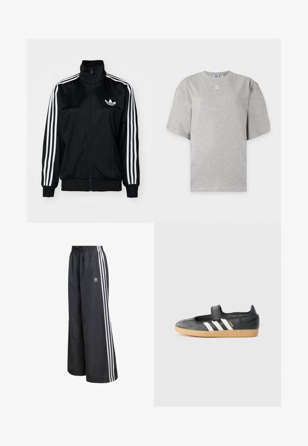 Zwarte jack met rits en hoge kraag, met witte drie-streep accenten op de mouwen en geborduurd logo op de borst. Gladde, sportieve stof.; Lichtgrijs Adidas T-shirt met korte mouwen, ronde hals en klein wit Adidas-logo op de borst, weergegeven op een effen achtergrond.; Zwarte sportbroek van lichtgewicht materiaal, met drie witte verticale strepen en een elastische tailleband met trekkoord.; Zwarte leren en suède sneaker met een klittenbandsluiting, voorzien van drie witte strepen en een gumzool, met de naam "SAMBA" aan de zijkant.