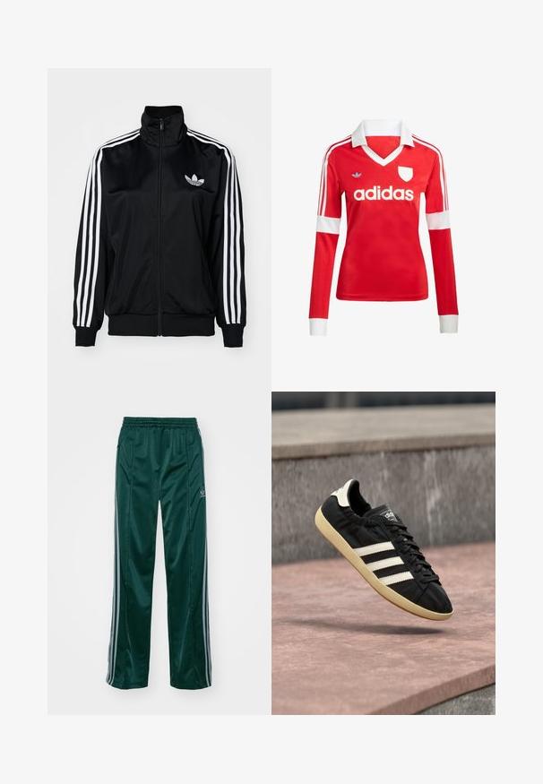 Veste zippée noire à col haut, avec des accents de trois bandes blanches sur les manches et un logo brodé sur la poitrine. Tissu lisse et sportif.; Maillot de football à manches longues rouge avec un col et des poignets blancs. Présente trois rayures blanches sur les épaules et le logo "adidas" affiché en évidence.; Pantalons de sport vert foncé en matériau brillant, avec des bandes latérales gris clair et un logo brodé sur la jambe gauche.; Baskets Adidas noires avec des bandes blanches et une semelle beige, capturées en plein air au-dessus d'une surface en pierre et d'un mur en pierre en arrière-plan.