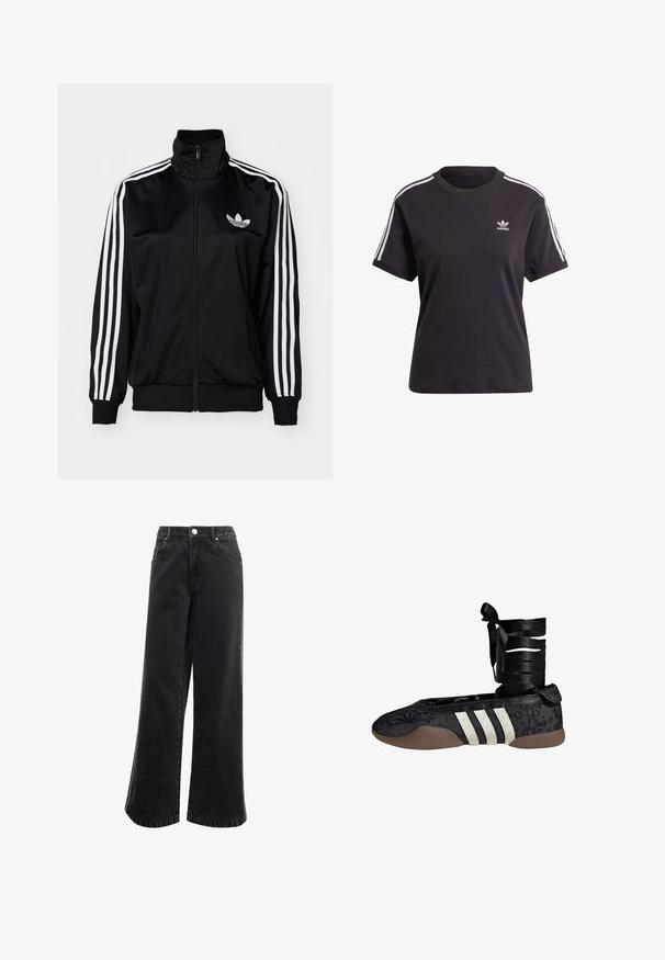 Chaqueta negra con cierre zip y cuello alto, con acentos en blanco con tres rayas en las mangas y logo bordado en el pecho. Tejido suave y deportivo.; Camiseta de algodón negra de manga corta con cuello redondo, que presenta rayas blancas en los hombros y un pequeño logo blanco de Adidas en el pecho.; Pantalones de mezclilla negros de tiro alto y pierna ancha con cierre de botón, cinco bolsillos y un pequeño logo bordado en el frente. Tejido texturizado.; Bailarina negra con estampado floral, diseño de tres rayas blancas y un lazo de tela alrededor del tobillo. Material texturizado y suela marrón flexible.