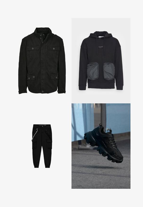 Schwarze Jacke aus Baumwolle mit Reißverschluss- und Druckknopfverschluss, ausgestattet mit zwei Brusttaschen und zwei Seitentaschen, strukturiertem Kragen und Knopfmanschetten.; Schwarzer Kapuzenpullover mit lässiger Passform, ausgestattet mit zwei großen Reißverschlusstaschen aus glänzendem Material auf der Vorderseite. Kleines Logopatch über den Taschen.; Schwarze Cargo-Hose aus leichtem Stoff, mit zwei Seitentaschen, einem elastischen Bund und verstellbaren Beinabschlüssen.; Schwarzer klobiger Sneaker mit dicker Profilsohle, der über einem grauen Gehweg schwebt, vor einem verschwommenen hellblau-grauen Hintergrund.