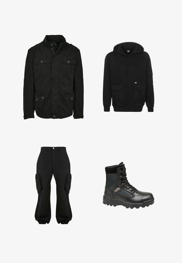 Schwarze Jacke aus Baumwolle mit Reißverschluss- und Druckknopfverschluss, ausgestattet mit zwei Brusttaschen und zwei Seitentaschen, strukturiertem Kragen und Knopfmanschetten.; Schwarzer Kapuzenpulli aus weichem Stoff, mit einer Kordelzugkapuze, Fronttaschen und einem Logo-Patch auf der linken Brustseite.; Schwarze Cargo-Hosen mit lockerer Passform, ausgestattet mit zwei seitlichen Cargo-Taschen, elastischen Bündchen an den Knöcheln und einem Knopfverschluss auf der Taille.; Schwarzer Militärstiefel mit Lederoberteil, Gewebepaneelen, Schnürung vorne und robuster Gummisohle für beste Griffigkeit. Verstärkter Zehenbereich und Knöchelstütze.