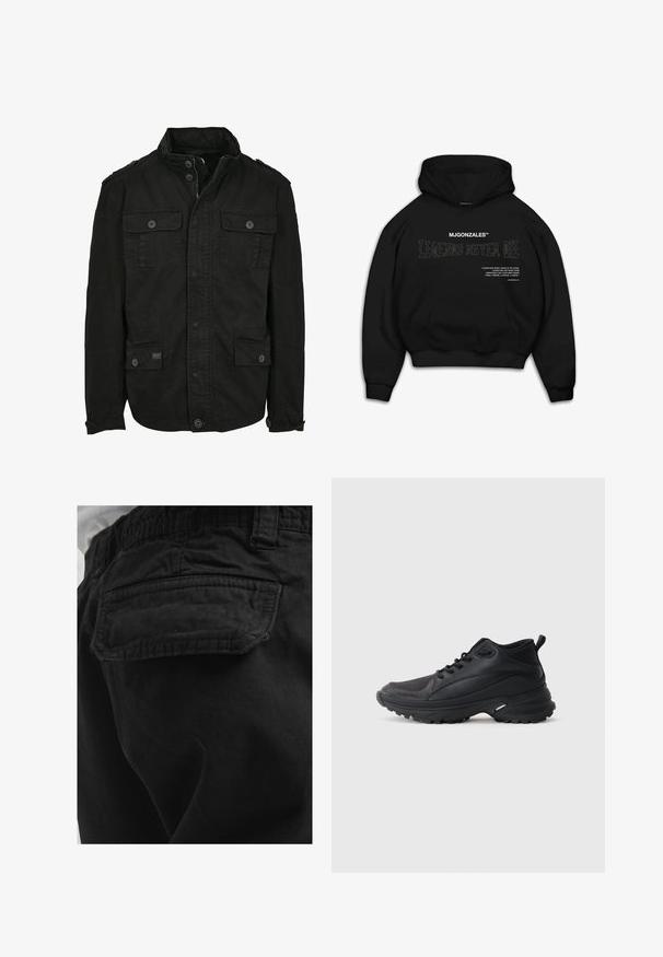 Veste noire en coton avec fermeture éclair et bouton, dotée de deux poches poitrine et de deux poches latérales, col structuré et poignets à boutons.; Haut à capuche noir avec une poche avant. Présente un texte blanc : « MJGONZALES™ » et « LES LEGENDS NE MOURRONT JAMAIS. » Tissu doux, coupe décontractée, poignets côtelés.; Poche arrière d’un pantalon noir avec rabat et coutures visibles, porté par une personne en chemise blanche.; Chaussures de sport noires en matériau synthétique. Dotées d'un col rembourré, d'un embout rond, d'une semelle extérieure robuste avec traction, et d'un détail avec le logo de la marque.