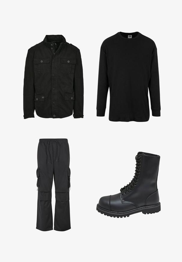 Schwarze Jacke aus Baumwolle mit Reißverschluss- und Druckknopfverschluss, ausgestattet mit zwei Brusttaschen und zwei Seitentaschen, strukturiertem Kragen und Knopfmanschetten.; Schwarzes Langarm-T-Shirt aus Baumwolle mit Rundhalsausschnitt und gerippten Bündchen. Glatte Textur, schlichtes Design ohne Muster.; Schwarze weite Cargo-Hosen mit elastischem Bund, Kordelzug und mehreren Klappentaschen an den Oberschenkeln und Unterschenkeln.; Schwarze Lederkampfstiefel mit hohem Schaft, Schnürung an der Vorderseite, gepolstertem Kragen und rutschfester, strukturierter Sohle für guten Halt. Mit verstärkter Zehenkappe.