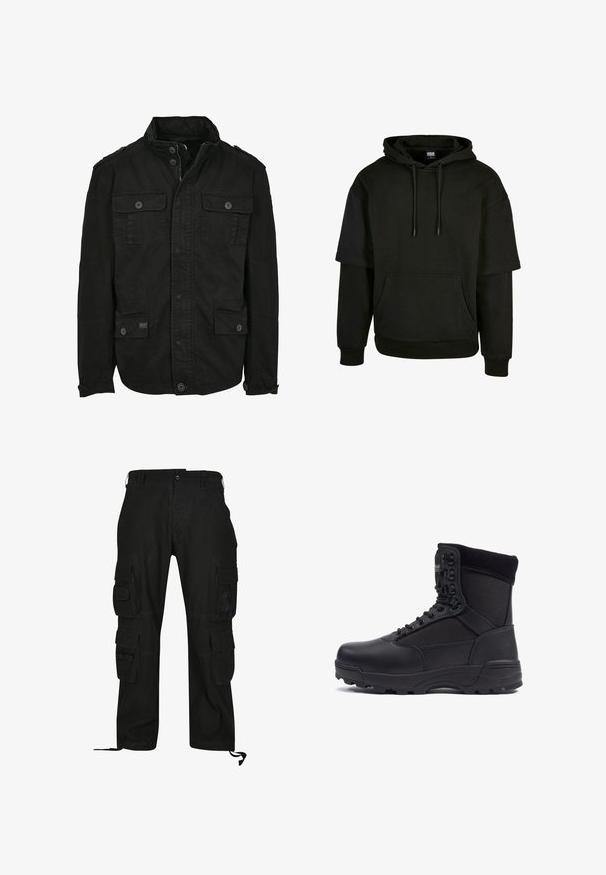 Veste noire en coton avec fermeture éclair et bouton, dotée de deux poches poitrine et de deux poches latérales, col structuré et poignets à boutons.; Haut à capuche noir avec poche kangourou, cordon de serrage, et manches courtes avec des éléments de design étendus. Fabriqué en tissu doux et texturé.; Pantalons cargo noirs en tissu durable, dotés de plusieurs poches latérales, d'une coupe décontractée et de sangles réglables aux chevilles.; Botte tactique noire avec une tige en cuir lisse et des panneaux en tissu, design montante, fermeture à lacets à l'avant et semelle en caoutchouc robuste.